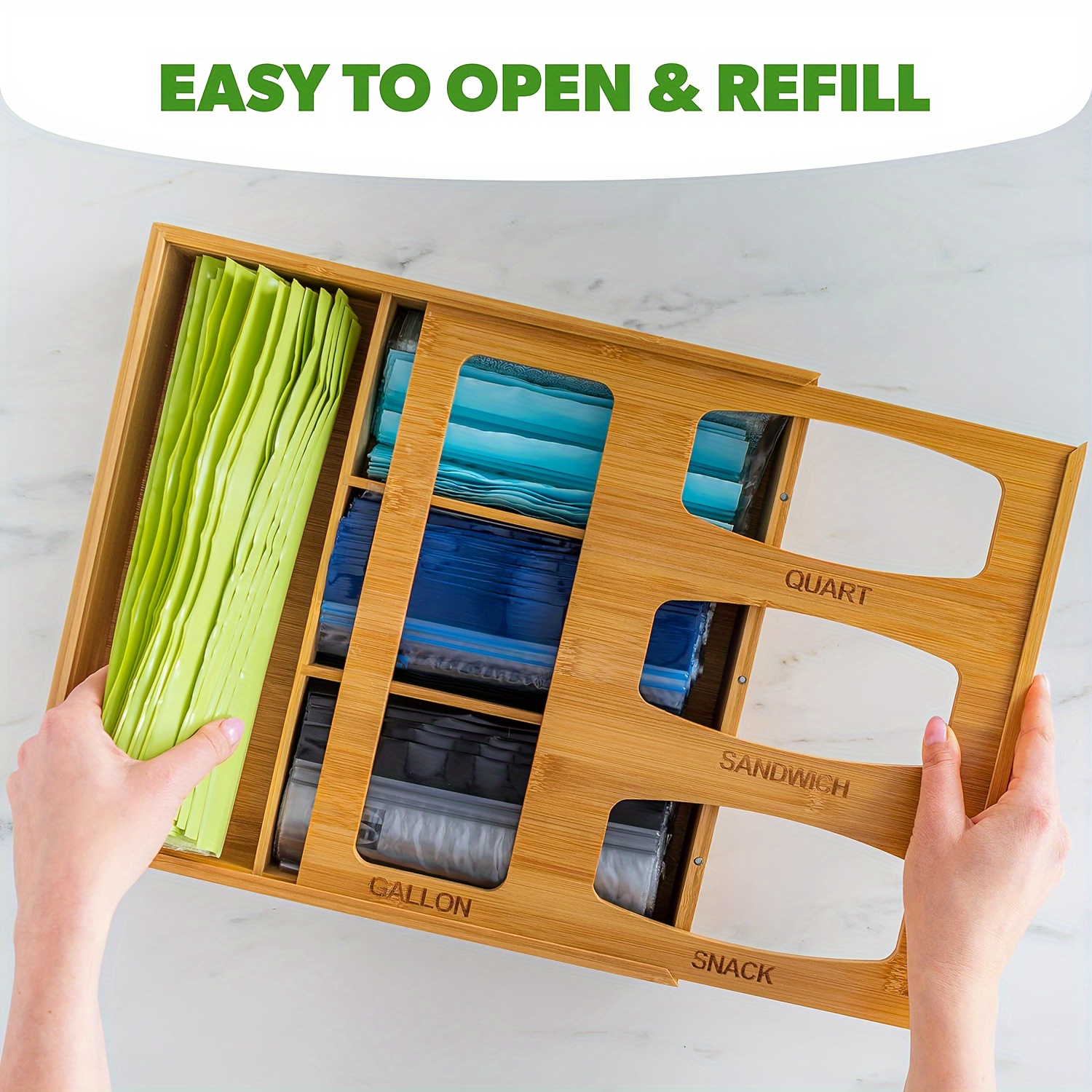 

Bamboo Bag Storage Organizer For Kitchen Drawer, Caddy Style, Fits Gallon, Quart, Sandwich, And Snack Bags Of Sizes