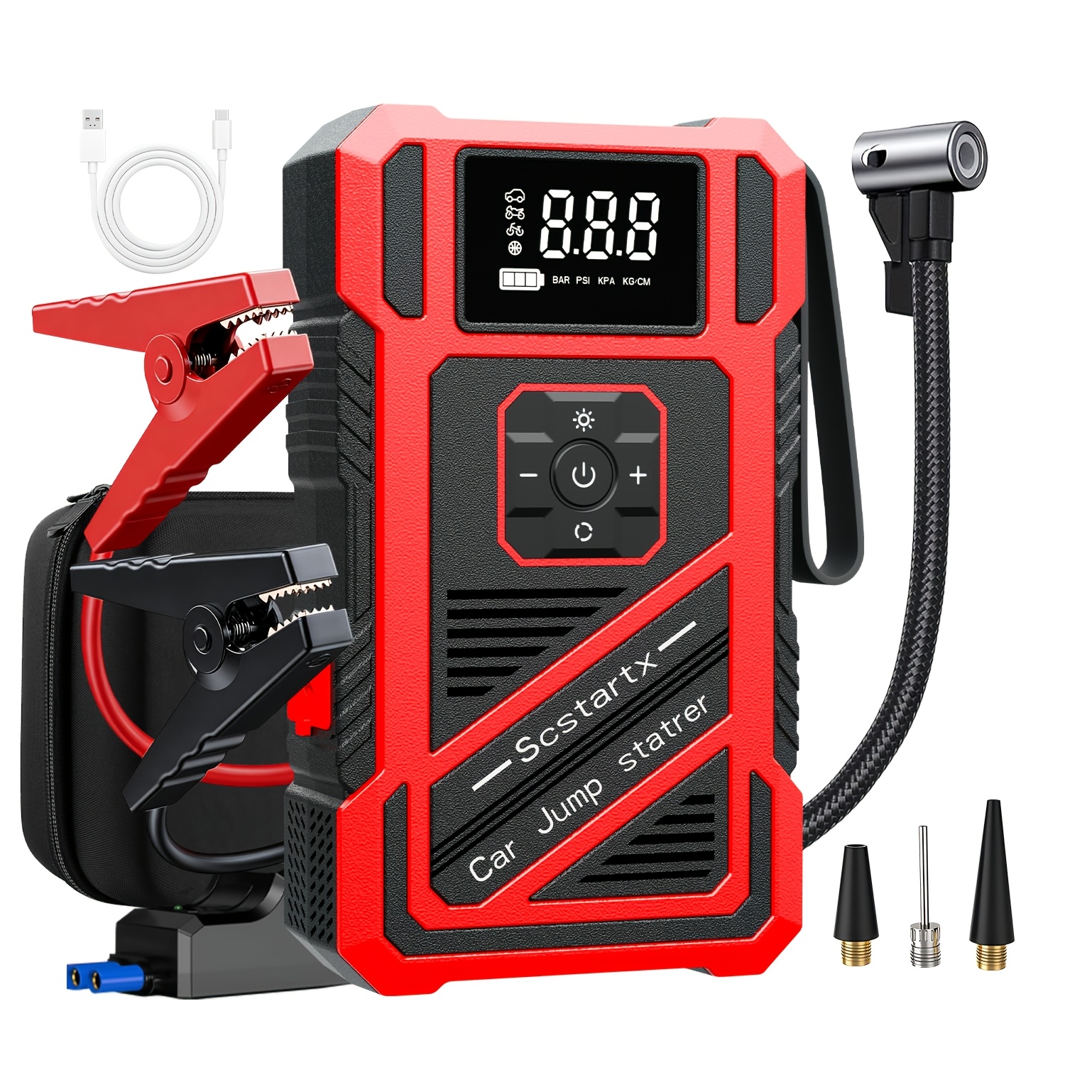 TEMU 9000 Car Jump Starter With Wireless Tyre Inflator Air Compressor, Battery Booster, Portable Power Pack And Led Torch, Fits 10l Petrol And 8l