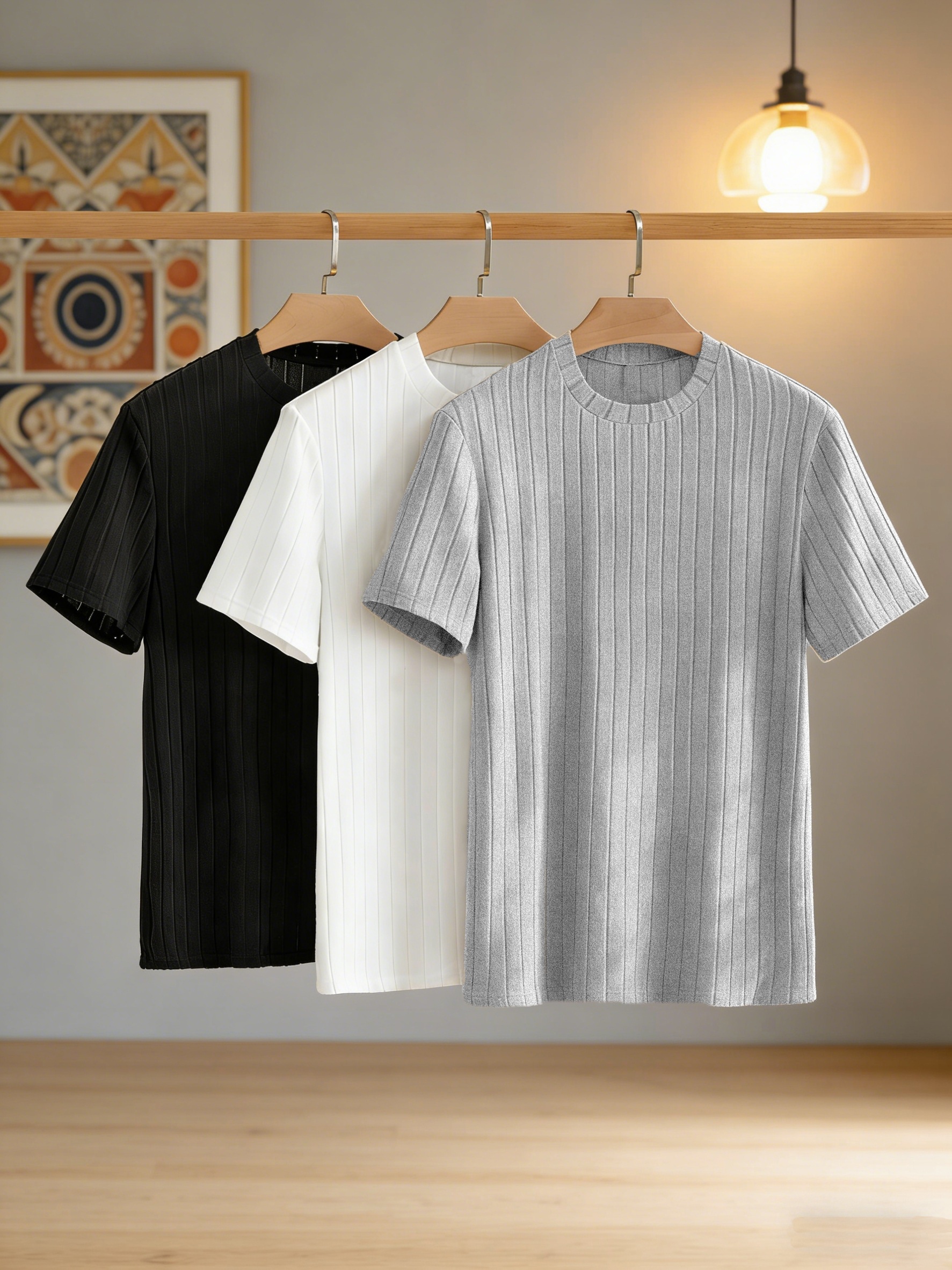 Men'S Casual Easy Style 3-Color Vertical Striped Knit Round Neck Short Sleeve T-Shirt 3pcs Set, Daily Commute Leisure Multi-Scene Outfit Top Combination