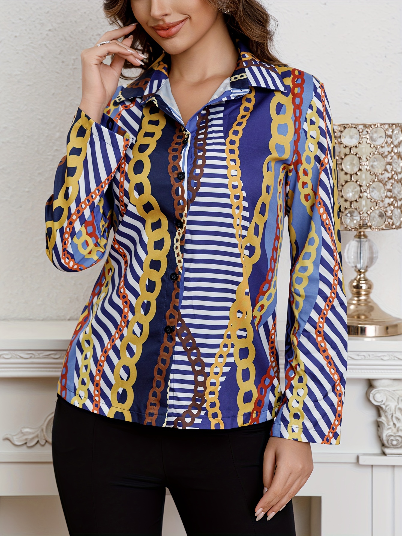 Chain Print Button Front Shirt, Casual Lapel Long Sleeve Shirt, Women's  Clothing