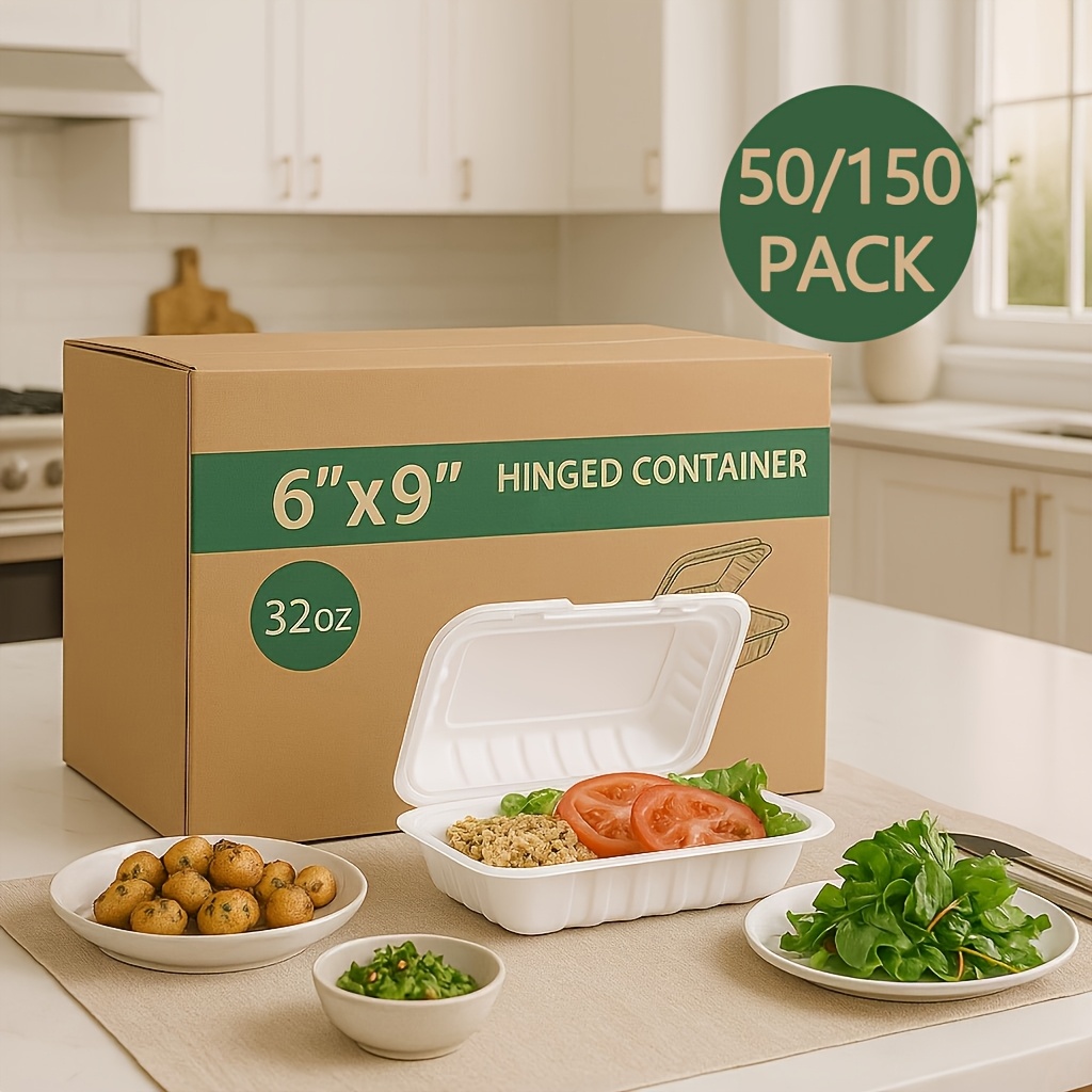 Yangrui 55 Pack 8 Inch Biodegradable Clamshell Food Containers – 31 Oz Square To-Go Boxes
