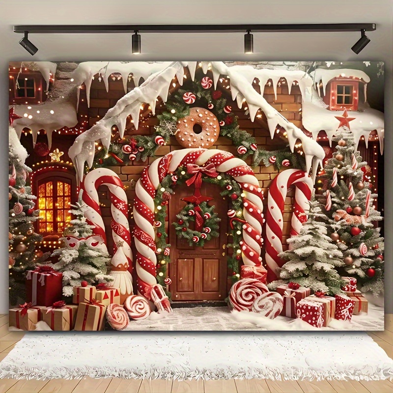 

Cozy Christmas Cottage & Candy Cane Backdrop - Vibrant Winter Wonderland With Pink Snowy Trees, Realistic Polyester Decor For Living Room, Outdoor, Photo Booths - No Power Needed (39x59" / 70.8x90.5")