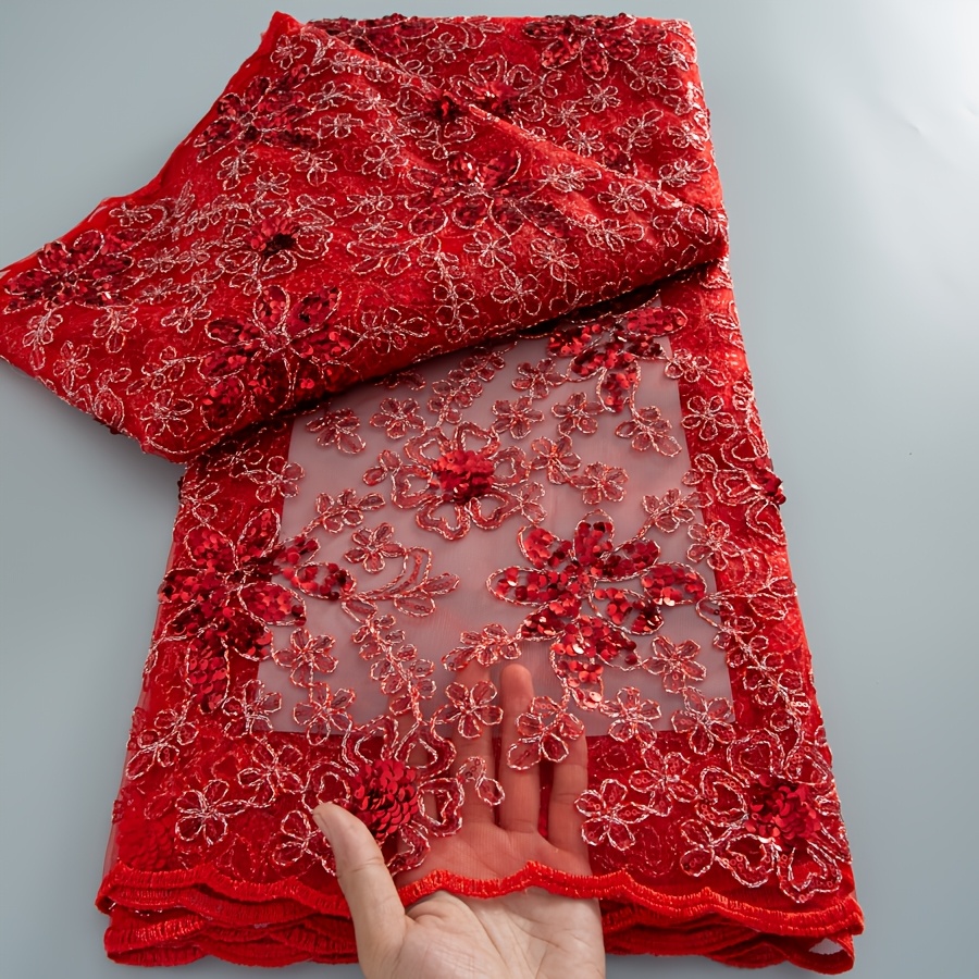 Image of 1pc 5yards African Lace Fabric With Floral Embroidery, French Mesh Lace Fabric, Featuring A Curved Ribbon And Sequin Design, Suitable For Party Dress Sewing 4908
