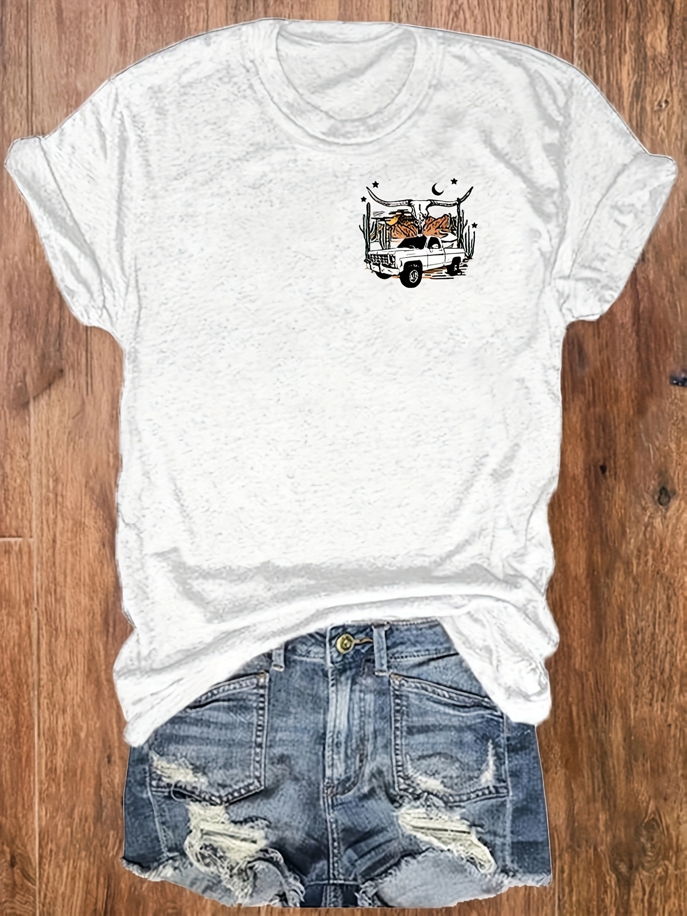 womens western graphic print t shirt   gasoline desert night     crew neck short sleeve top for   casual vacation tee leisure clothing cowboy aesthetic nontransparent fabric Product details 2
