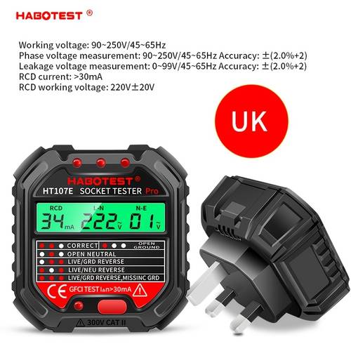 ht107 pro socket tester a tool for voltage rcd 30ma uk eu plug grounding polarity and phase