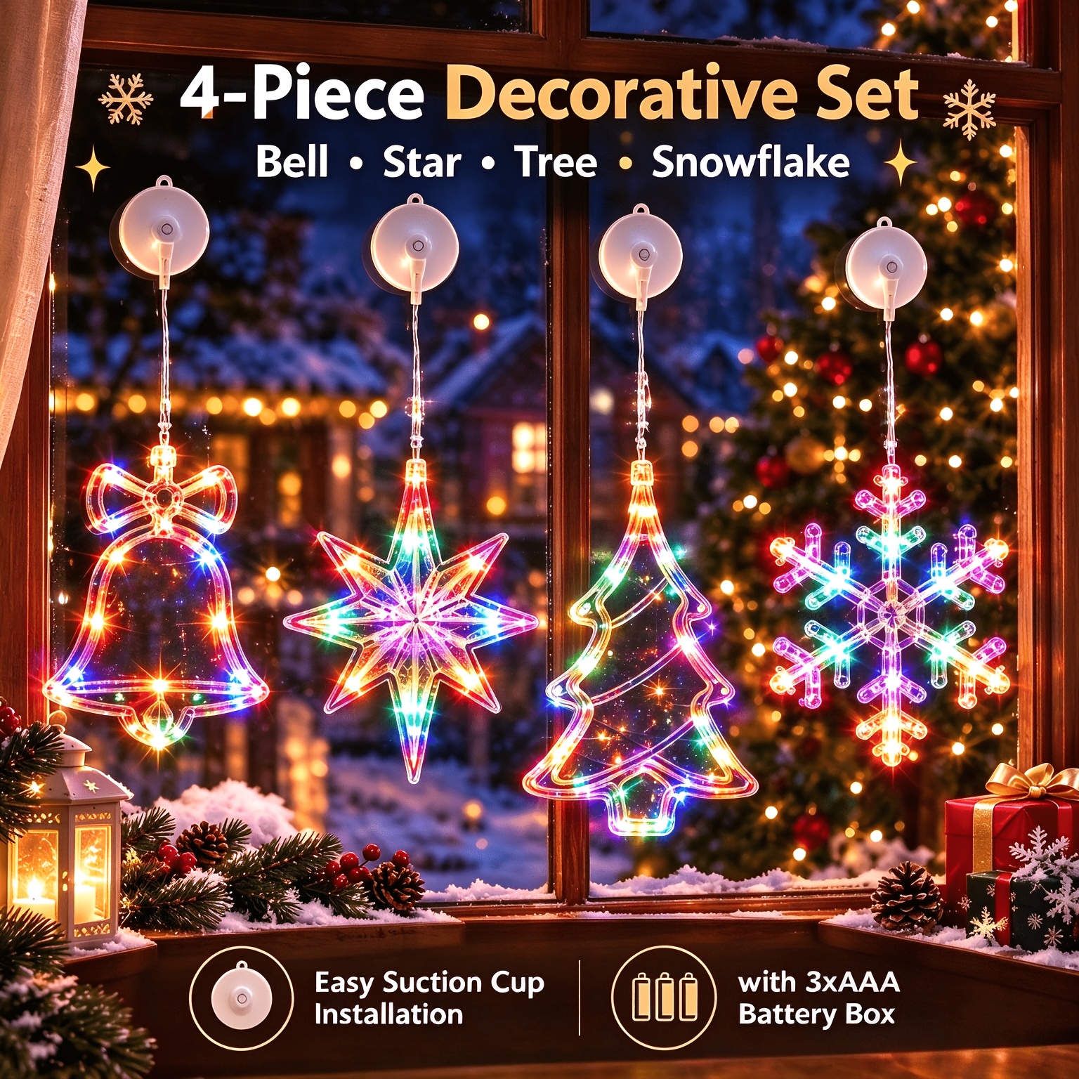TEMU 4pcs Led Christmas Hanging Suction Cup Ornaments, ( Christmas Tree Snowflake) Party Set, Christmas Decorations, Snowflake -shaped String Lights,