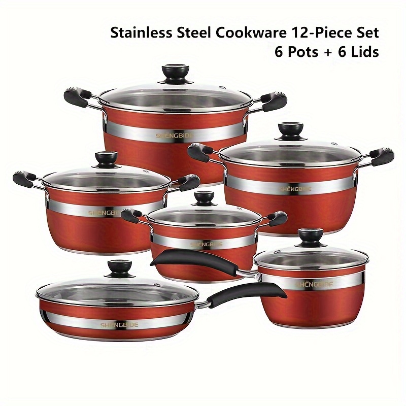 12pcs set of stainless steel pots 4 pots 1 frying pan 1 milk pot 6 lids thickened composite pot bottom uniform and   conduction suitable for home accommodation dinner camping suitable for induction cooker and gas stove suitable for soup milk steak hot   pasta     details 1