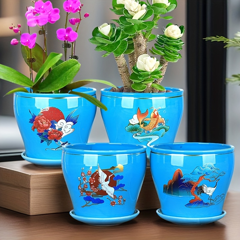 Vaso Da Fiori In Ceramica Scanalato Per Piante Da Interno | Diametro 12 Cm | Colori Intensi (Blu, Nero, Grigio, Verde, Giallo, Bianco)