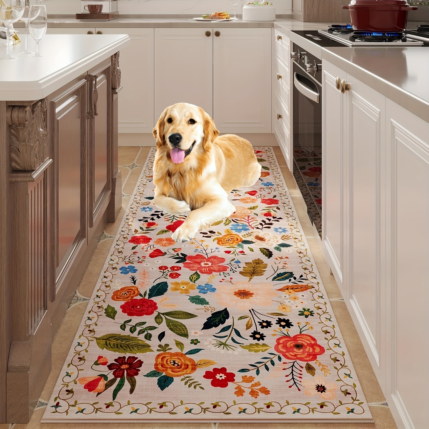 TEMU 1pc Plush Floral Kitchen Runner Rug 6ft, Non-slip Washable Absorbent Floor Mat- Doormat For Entryway, Sink Area, Laundry, Bathroom, Kitchen &