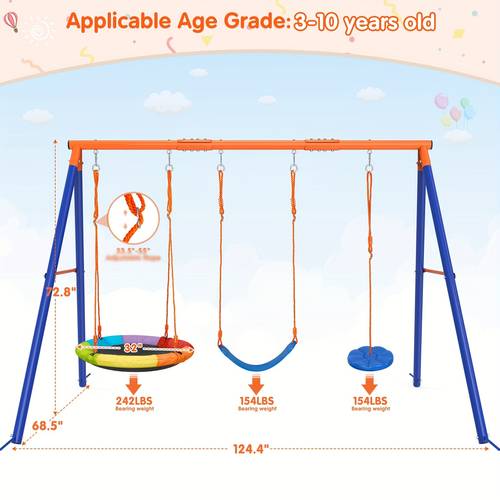 3in 1 kids large metal swing frame toys 550 lbs multi person outdoor swing set with a frame 32ft disc swing and adjustable saucer swing for family backyard backyard