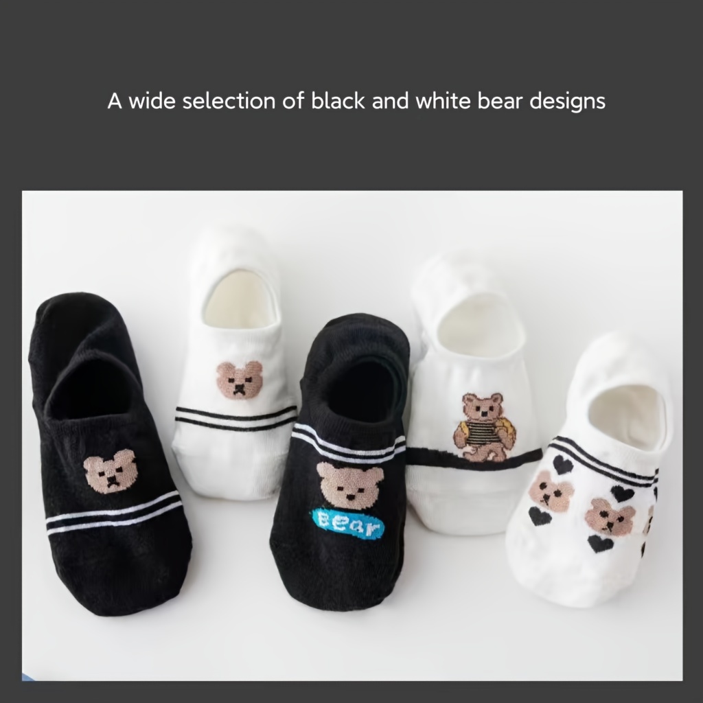 

5 Pairs Cartoon Bear & Striped Socks, Cute College Style Non-slip Invisible Socks, Women's Stockings & Hosiery