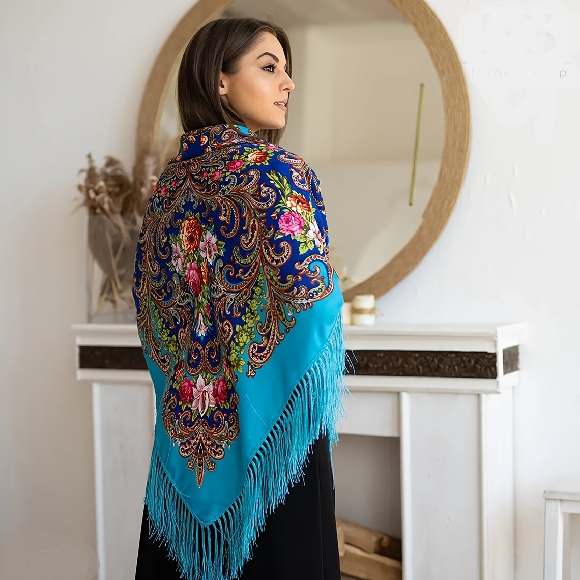 TEMU A Women's New Printed Rose Floral Tassel Square Scarf, A Vintage And Elegant Versatile Shawl For Casual Wear, A Stylish Accessory For , And A