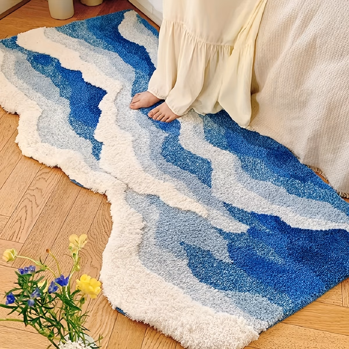1850g m thickened and dense tufted flocked carpet with tpr non slip backing art ocean carpet irregular outline with and white like soft comfortable non slip water absorbent for bedroom living room decor Product details 3