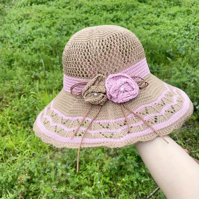 Acheter Chapeau De Paille Pliable Sur Le Côté En Dentelle Pour Femme, Chapeau D'été Tissé à La Main Avec Nœud Creux, Protection Solaire, Chapeau De Plage