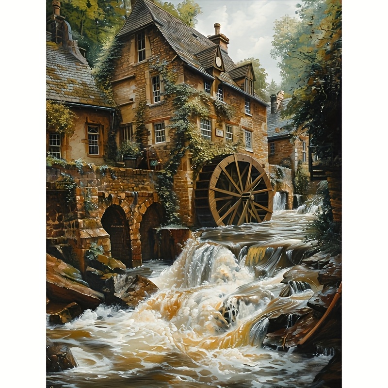TEMU Rural Water Wheel Landscape Diamond Painting Kit 11.81x15.75inch - Drill Canvas, Home Wall Decoration Diy 5d Diamond Crafts, Bedroom And Living