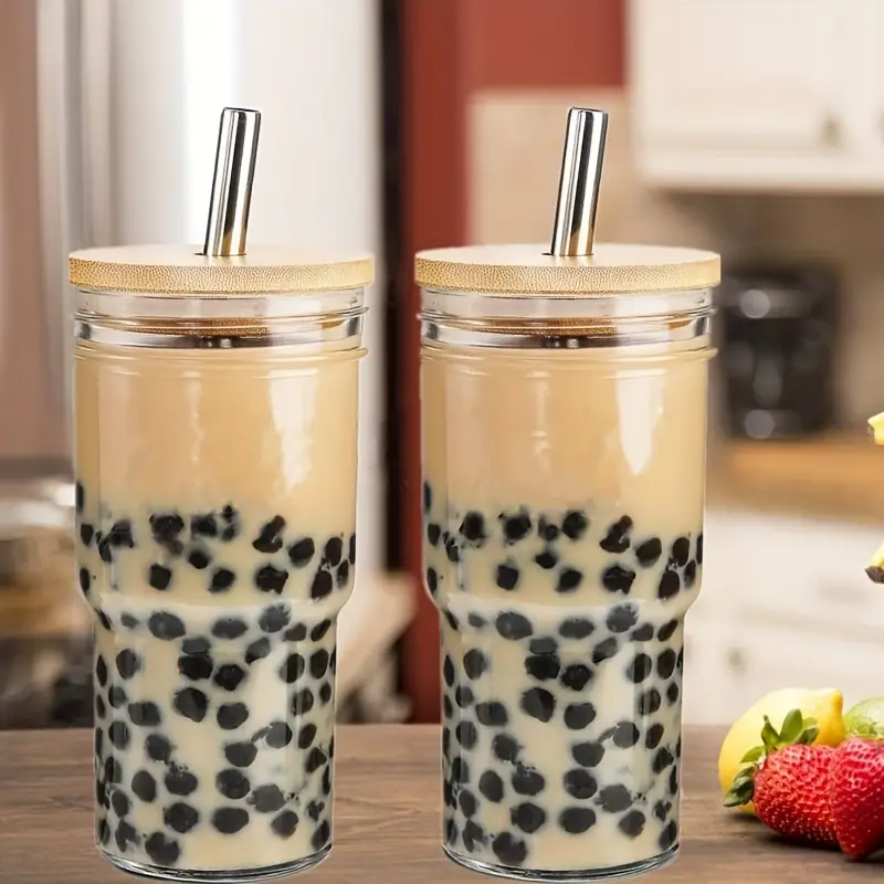 2pcs 4pcs insulated glass cup cold drink cup slush cold drink glass straw cup water cup wooden lid with cup cover straw straw cleaner home cold drink party beverage accessories Product details 6