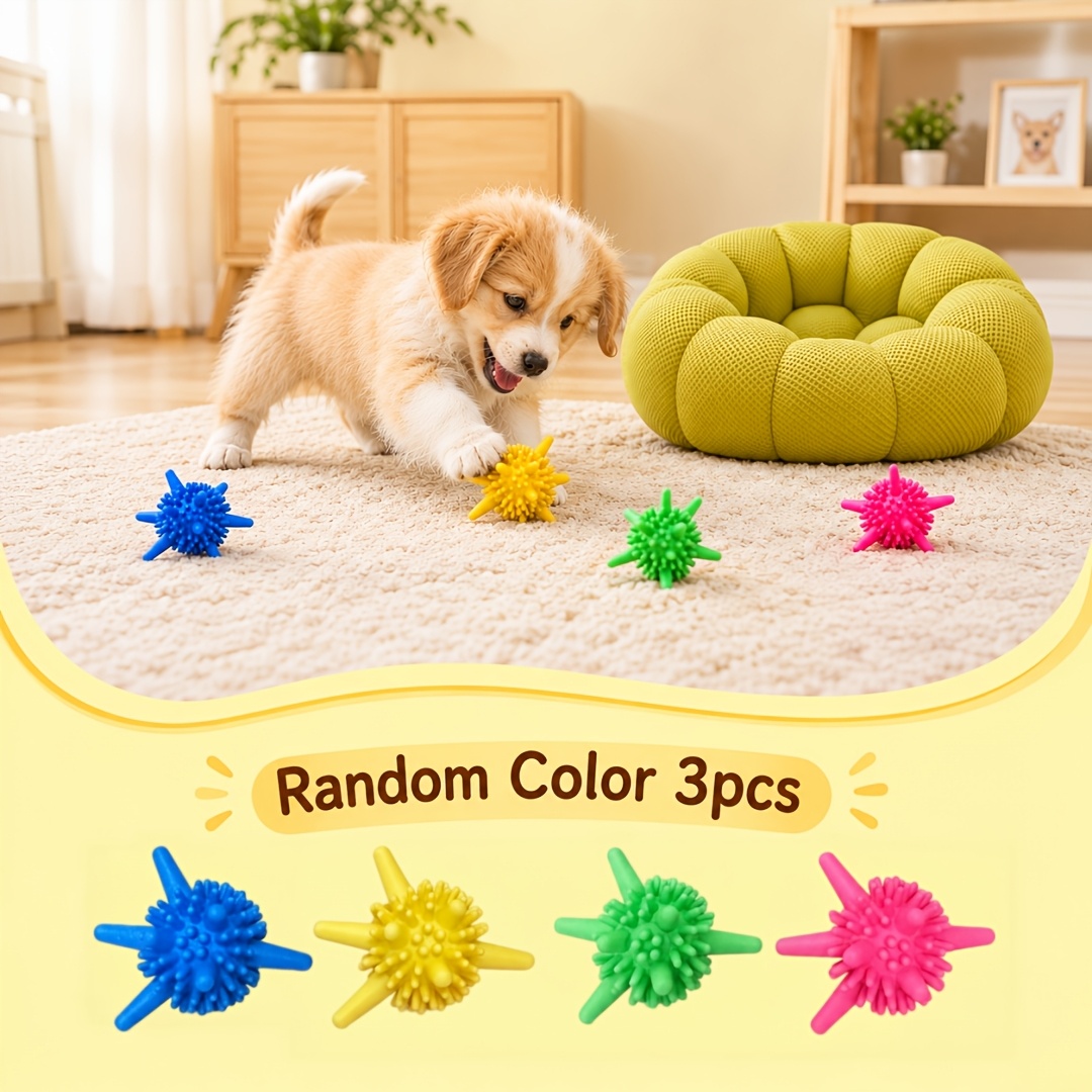 TEMU 3pcs Random Color Dog Chew Spiky Balls, Soft Tpr Material, Bite Resistant Without Harming Teeth, Ideal Chew Toys For Puppies And Small Dogs, For