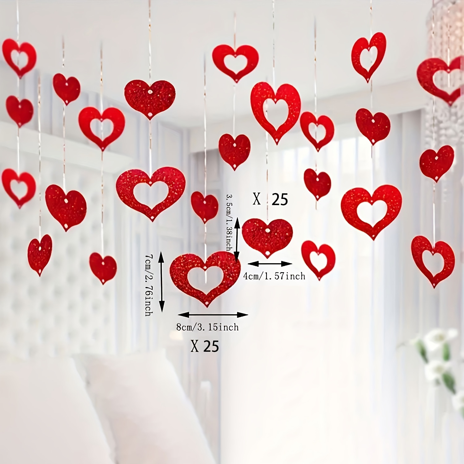 E-shop 50 Stück Valentinstags-Hängeherz-Dekorationen - Rote Herzanhänger aus Kunststoff und Faden - Nicht elektrisch, federfrei, geeignet für Hochzeit,