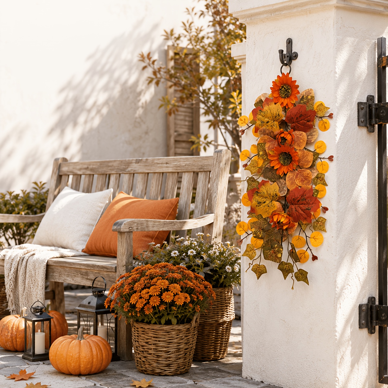 TEMU 2pcs Autumn Sunflower And Maple Leaf Artificial Flower Vine Door Hanging, High-end Orange Sunflowers With Red-brown Oak Leaves, Yellow- ,