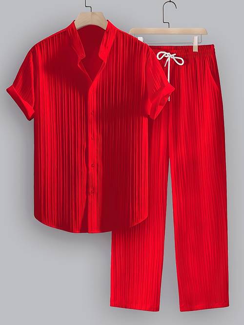2pcs mens summer casual striped fiber set short sleeve stand up collar shirt and drawstring pants non stretch woven fabric regular fit for daily wear and beach vacation solid color beach vacation