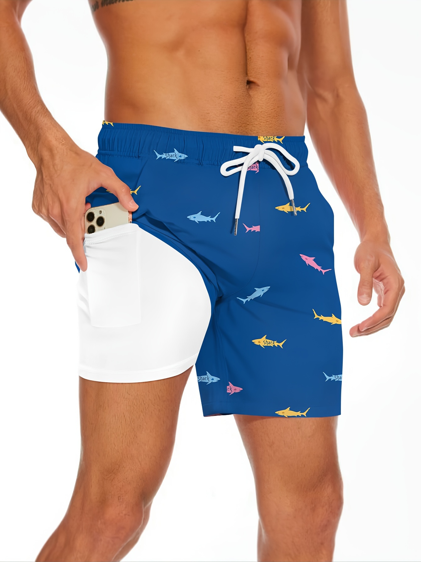 shark pattern mens board shorts with drawstring and pockets casual and chic shorts for summer beach and sports wear details 0