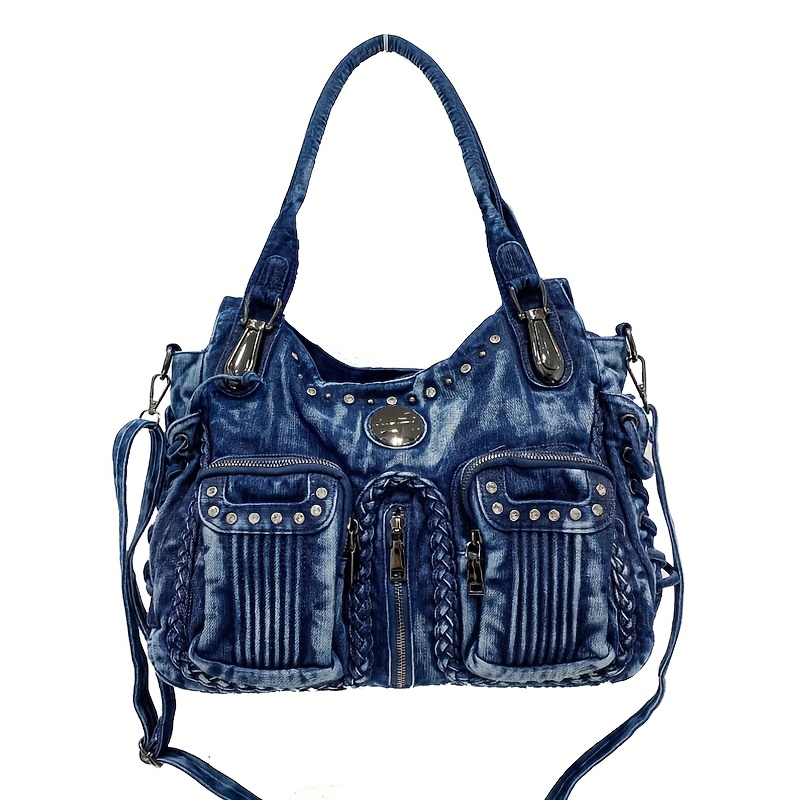 Image of Vintage Cowboy Diamond-studded Women's Handbag, Featuring An Adjustable Shoulder Strap And Crossbody Option, Multiple Pockets, Zip Closure, And A -lined Messenger Bag