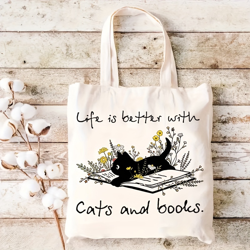 

Sac Fourre-Tout Amusant Chat & Livres 1pc - Grande Réutilisable pour Courses et Rangement avec Impression -, Beige, Cadeau Idéal pour les des Livres, Anniversaires et Noël