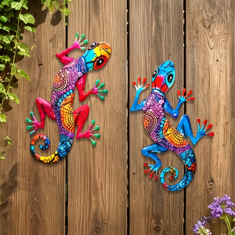 TEMU [2.5D] Grande Décoration Murale Extérieure Gecko en Métal, Lot de 2 Sculptures Suspendues de 17 Pouces de Lézard pour Décoration Extérieure et