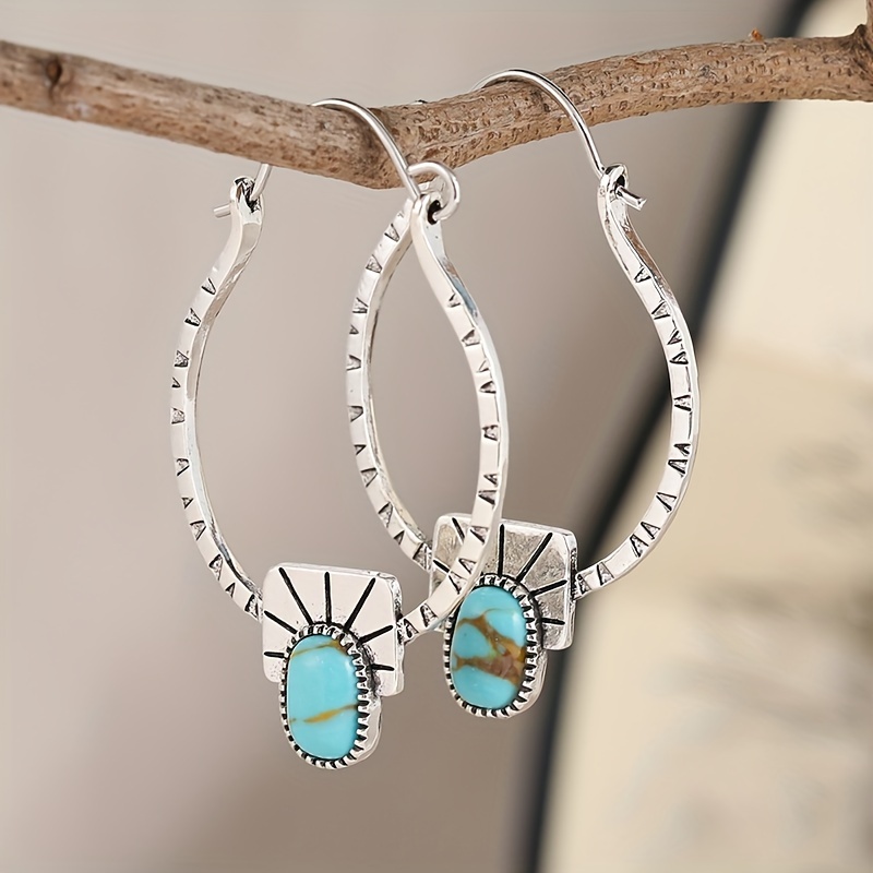 TEMU Boho-chic Turquoise Hoop Earrings - Golden Plated, Alloy With Copper Posts For Everyday Wear & Gifting, Hoops, Earrings. Premium Jewelry Event For Valentine's Day Presents