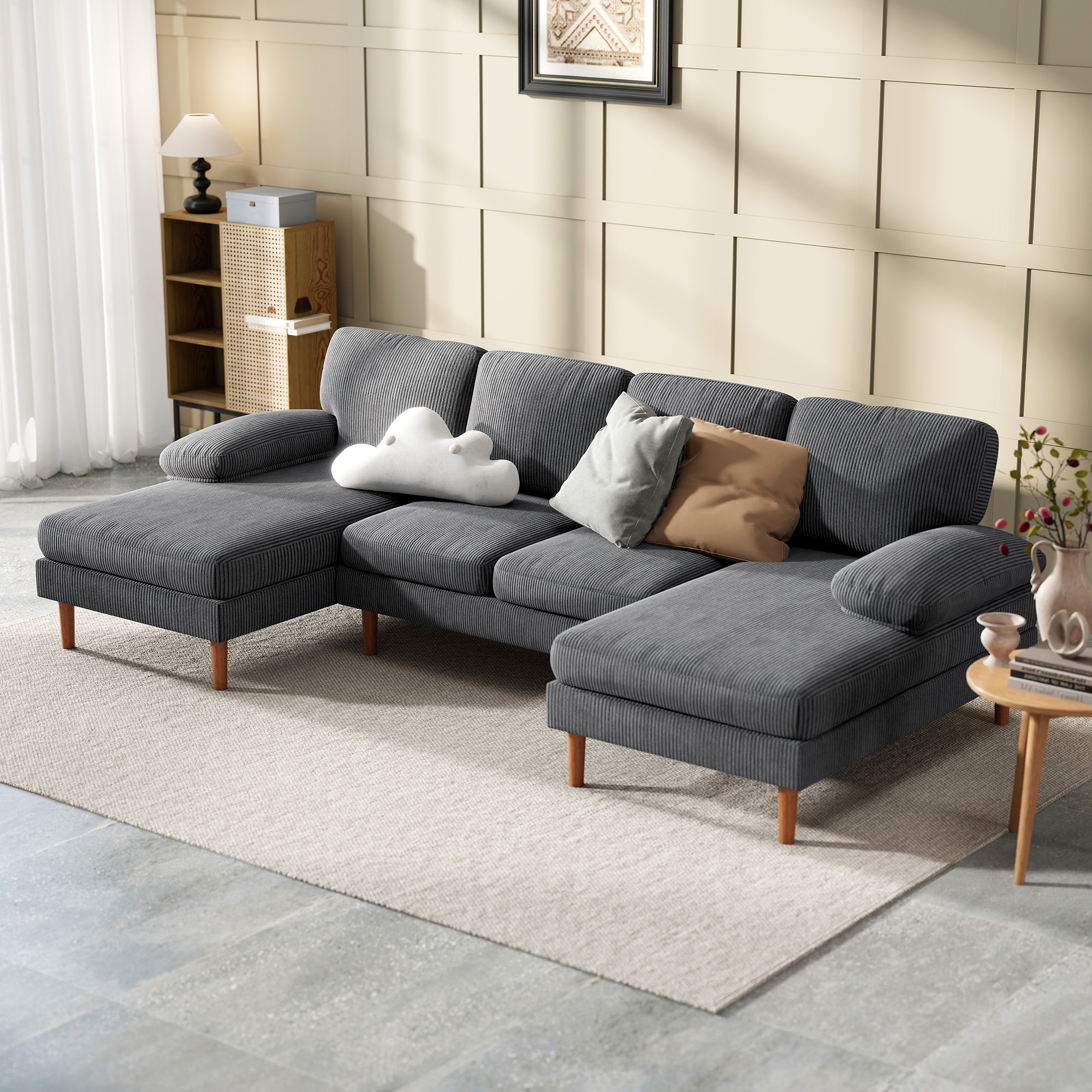 TEMU HOMCOM Canapé Moderne Sectionnel de U avec Chaise Longue Double, Tissu Gris Foncé & Cadre en Bois Dur, Rembourré Moelleux, Encombrante pour