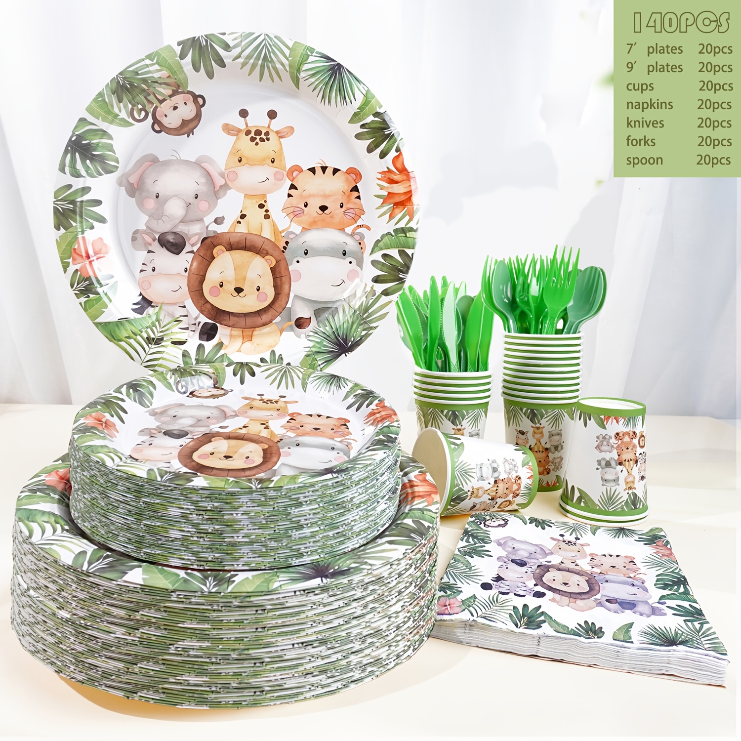 TEMU 140pcs Jungle Wildlife Theme Party Set | Animal Theme Tableware Set | Disposable Tableware | Birthday Party, Baptismal Party Decoration