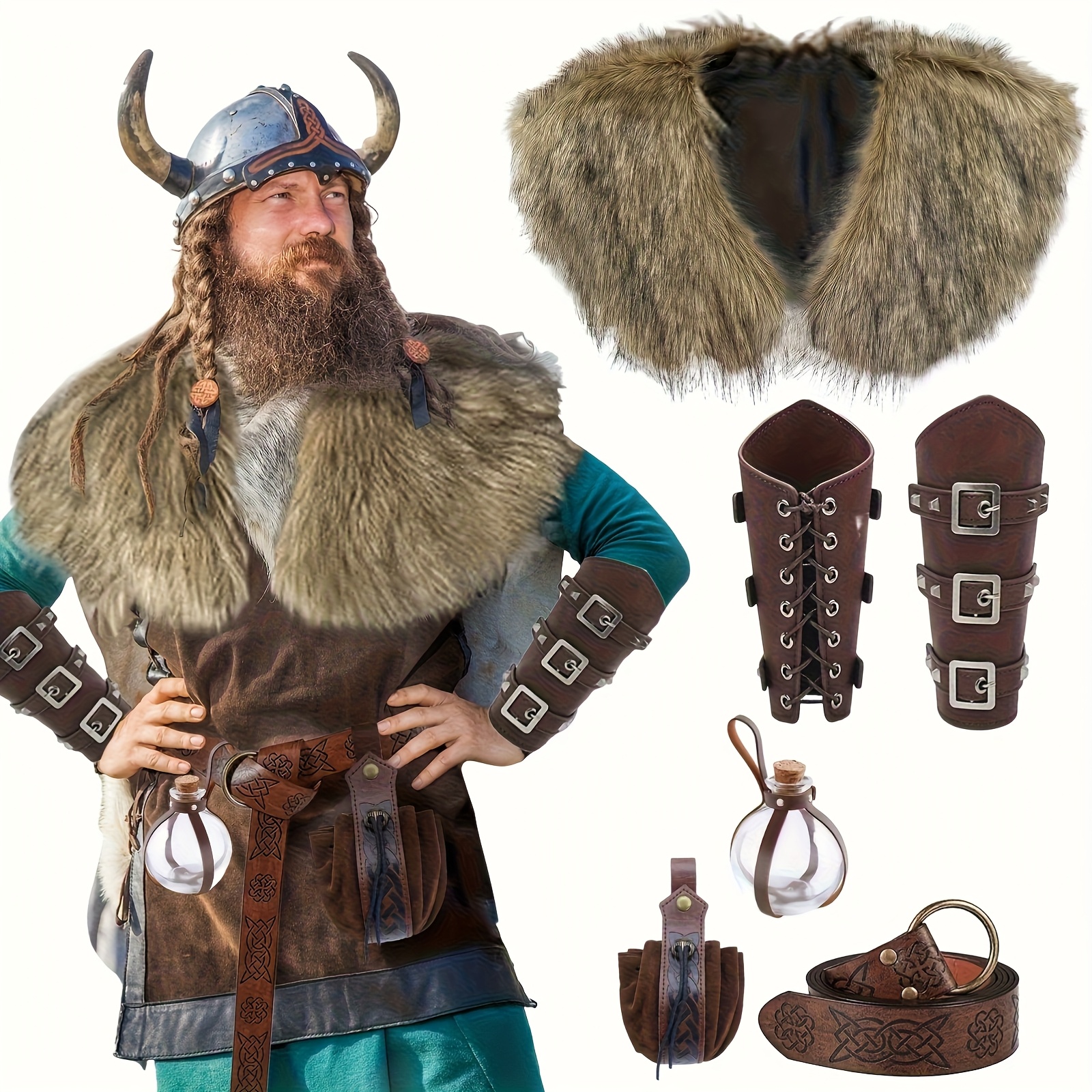 a 6 item collection of unisex viking costume attire featuring a faux a faux necktie a faux leather belt faux leather gloves arm bands medieval   and a renaissance king warrior cloak   halloween larp and role playing