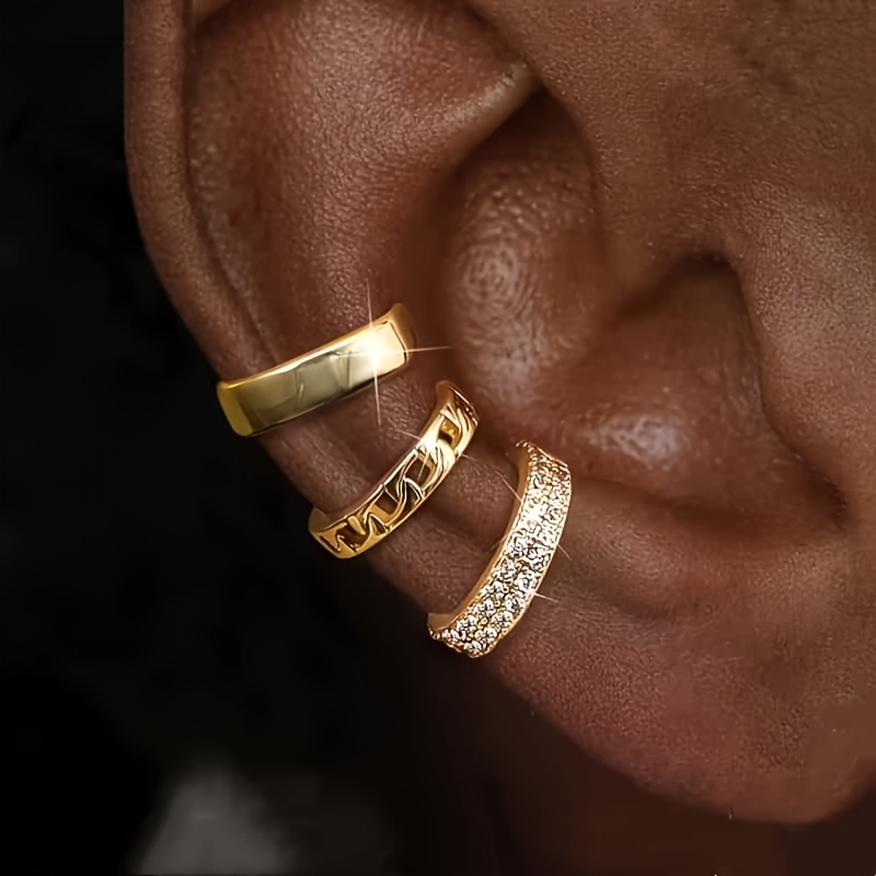 Image of 3pcs No-piercing Copper-set Synthetic Synthetic Zirconia Hollow Stackable Ear Cuff, Versatile Wearing Styles, Classic And Versatile, Suitable For Women' Banquets, Parties, Or Festive Occasions