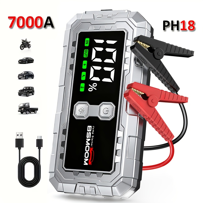 E-shop 12V Auto Starthilfe 7000A Spitzenleistung Auto Batterie Powerbank, Starthilfebox mit LED-Licht LCD-Bildschirm (Bis zu 10.0 Gas oder 8.0L