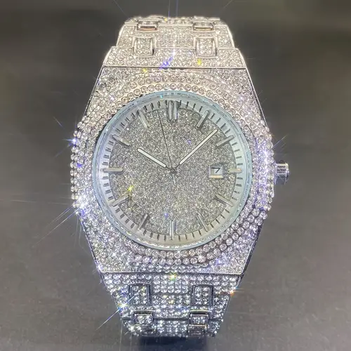 glam quartz watch for men women hip hop cuban link luminous calendar with accents alloy band