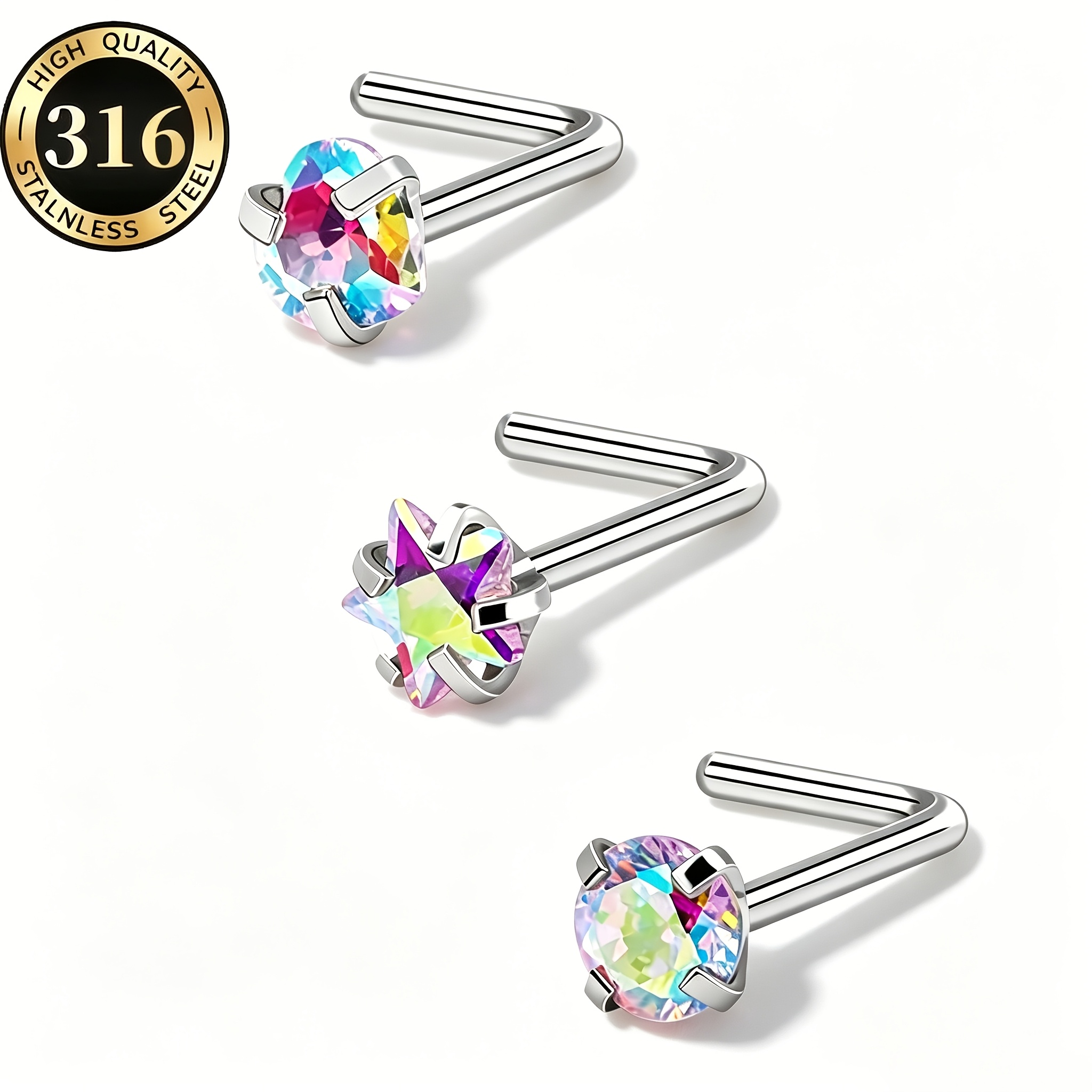 TEMU Ensemble de 3 piercings de nez multicolores en acier inoxydable 316 de L, étoile, cœur, , bijoux pour piercing européens et américains, unisexe,