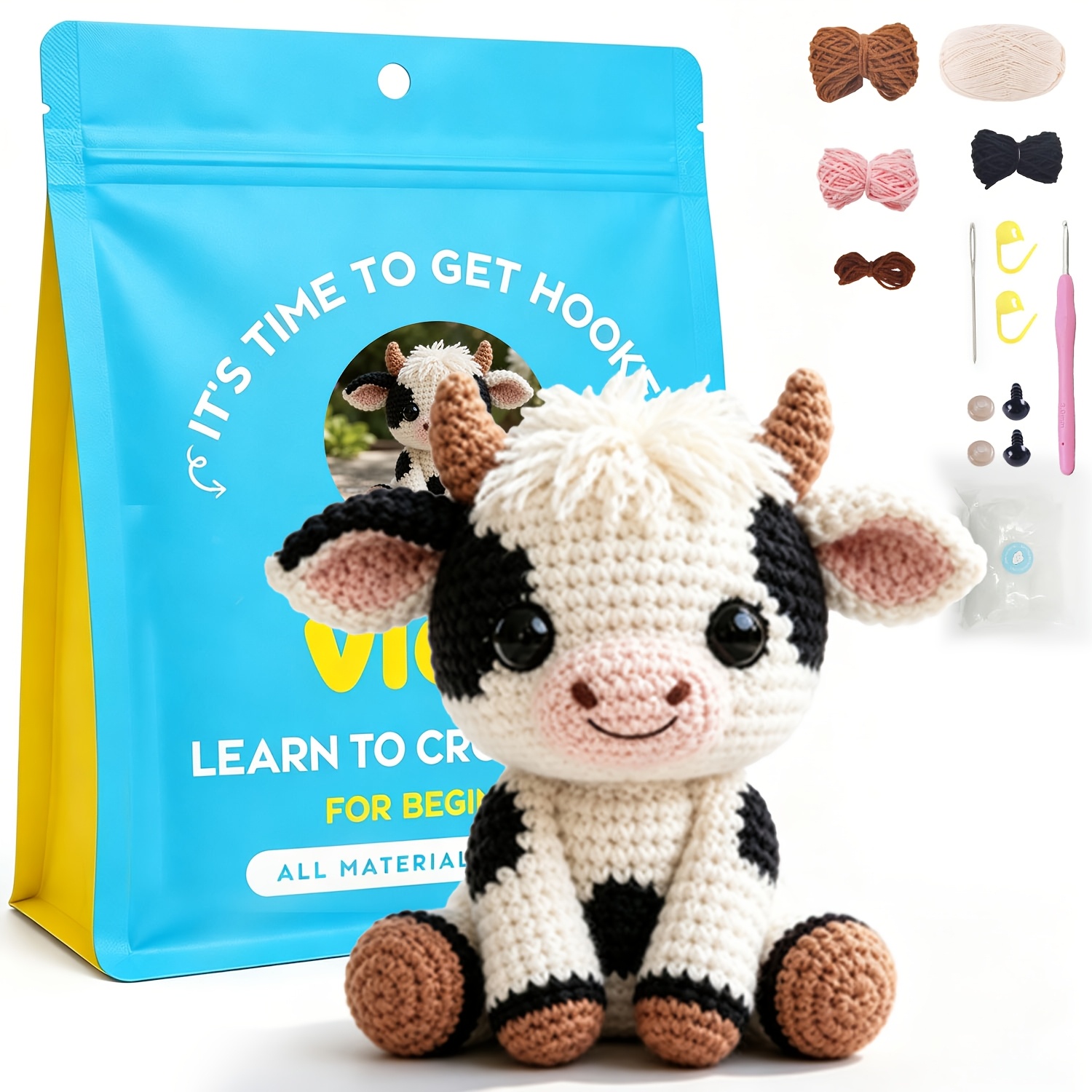 TEMU Vioiv 1pc Cute Cow Crochet Kit For Beginners Doll Decoration Ornament Hanging Crochet Kit For Beginners - Amigurumi Crochet Set - Adult Crochet