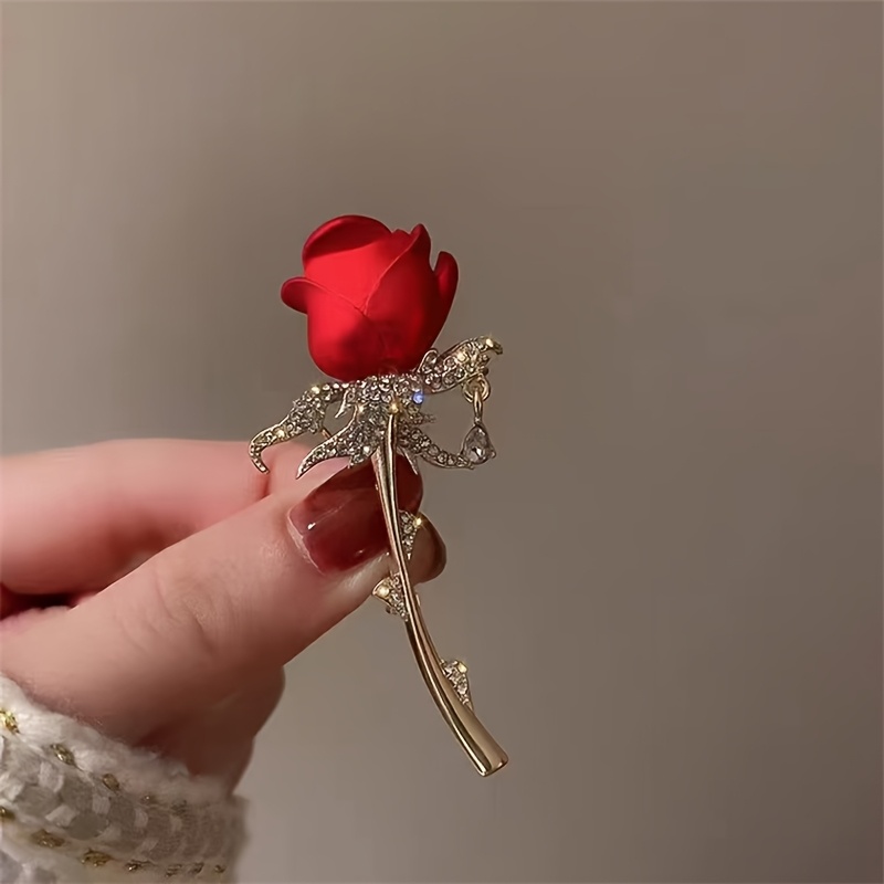 TEMU A Sparkling Red Rose Brooch With Rhinestones, A Luxurious And Elegant Fashion Accessory For Women, Weddings, Banquet Gifts, And Valentine's Day