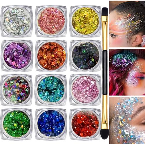 12pcs party glitter gel set with brushes face and body sparkle gel with large sequins long lasting strong suitable for festive carnival disco and party makeup 12 colors different color matching needs