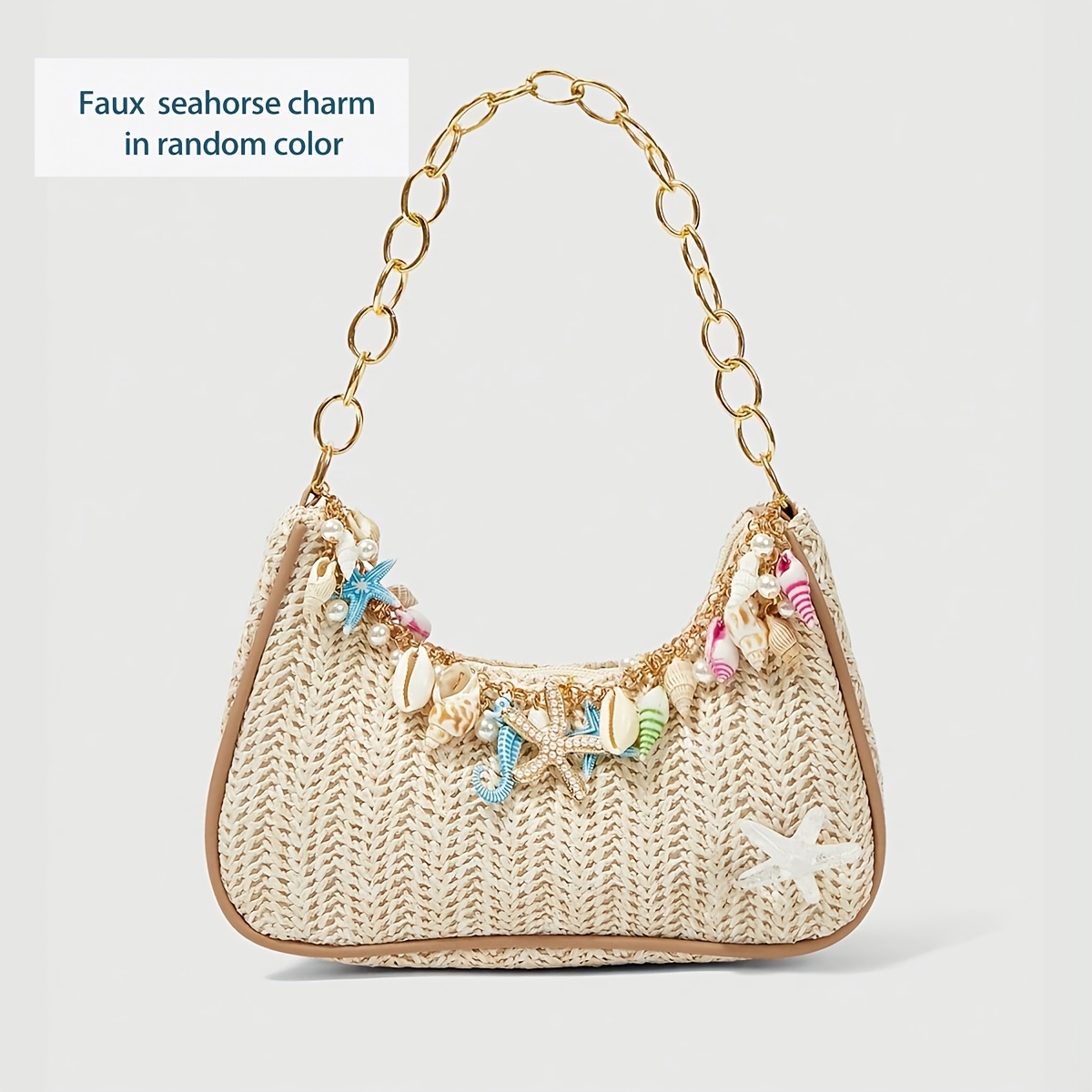 E-shop 1 Stück Sommer Strand Seestern Serie Muschel Gewebte Schulter- und Handtasche, Damen Stroh Strand Tote Bag (Kettenanhänger Farbe und Stil