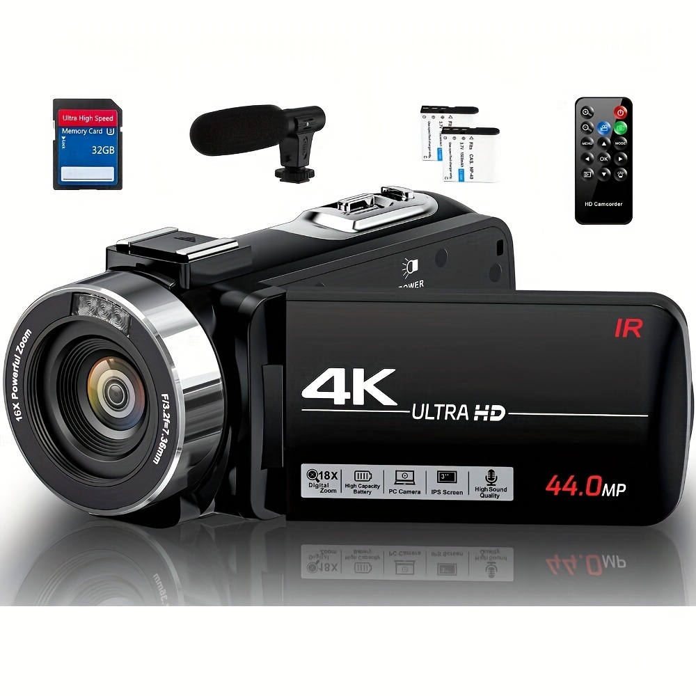 

4k Hd 44mp Camcorder Video Camera With External Mic, Controller, 2 Batteries And 32g Sd Card Ultra Vlogging Camera 18x Digital Camcorder 3.0" Ips Screen Video Recorder