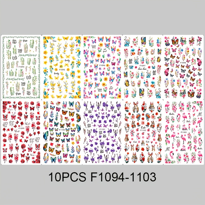 Image of 10pcs & Floral Nail Stickers - Hibiscus, Floral, Flamingo, Rabbit Designs For Manicure Decor | Hypoallergenic, Self-adhesive, Glossy Finish | Perfect For Fresh & Vibrant , Nail Art Decor