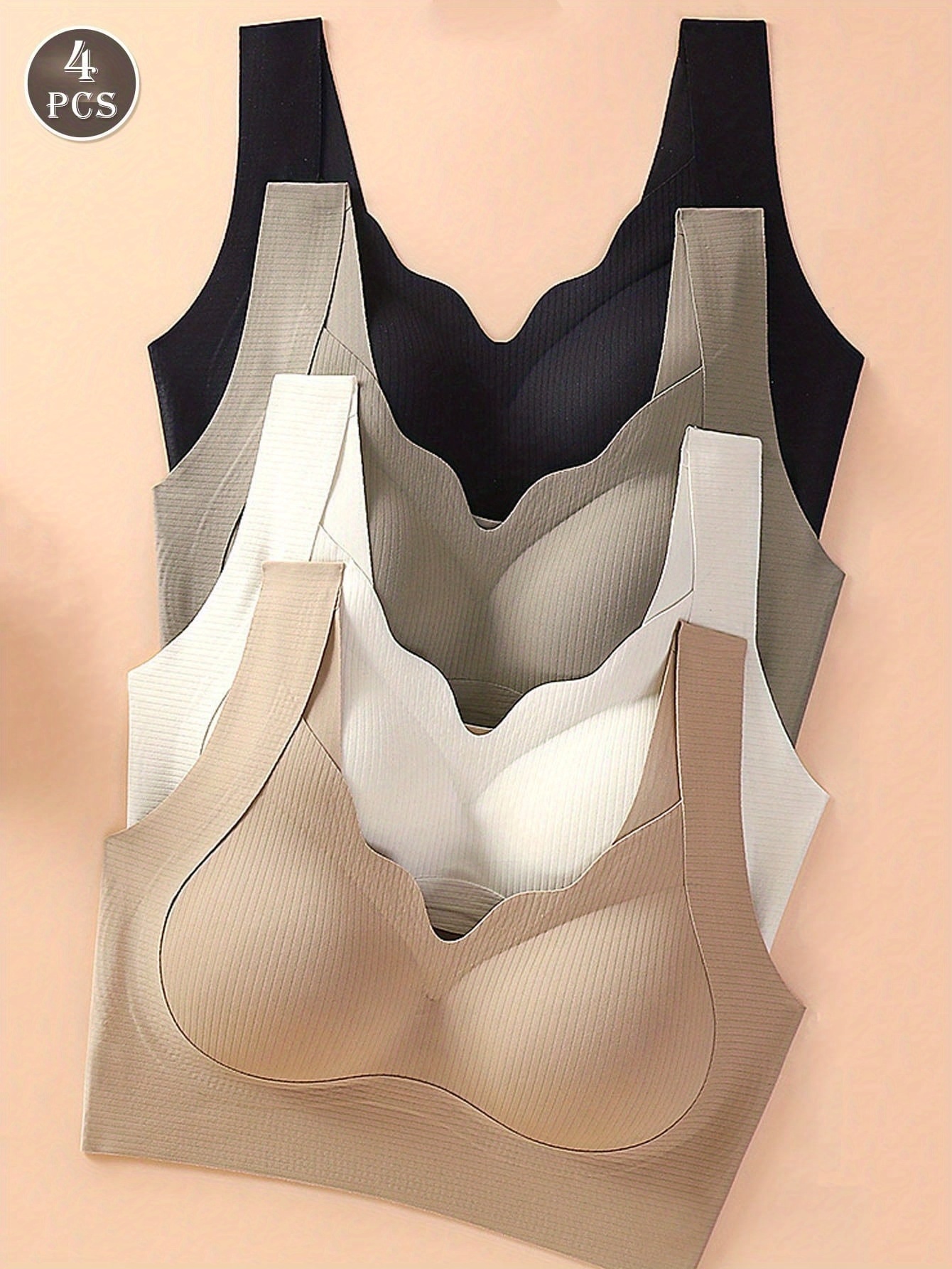 item picture 4pcs womens seamless push up bras wireless casual  able bralette intimates nudefit tank top underwear vest style bra basics wirefree yoga sports bra ribbed wavy edge bralette in women no underwire push   coverage   everyday bras