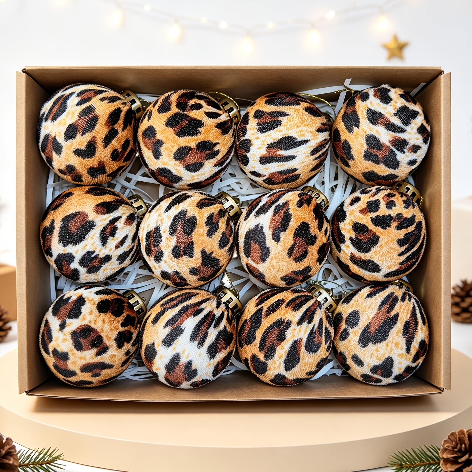 TEMU New Leopard Print Christmas Ornament Balls, 6cm 12pcs Per Box, Christmas Tree Decorations, Party Ornament Balls, Christmas Hanging Decorations