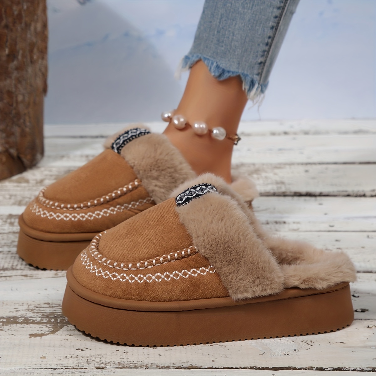 TEMU Autumn Winter New Women's Home Slippers Fashion Bohemian Style Round Toe Slip-on Toe Post Women's Thick Sole Height-increasing Slippers Indoor