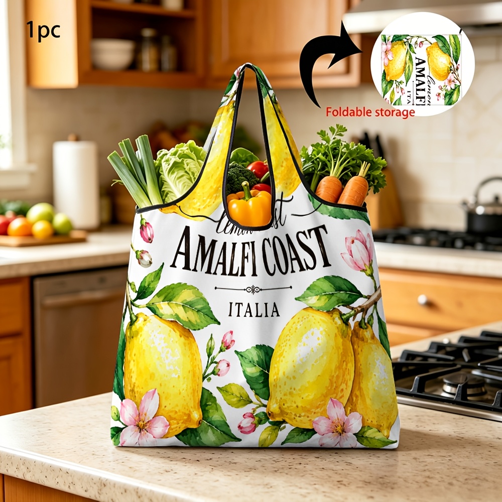 TEMU 1pc Reusable Grocery Bags With Flower Amalfi Italy Pattern Foldable Portable Shopping Tote Bag For Outdoor Daily Shopping