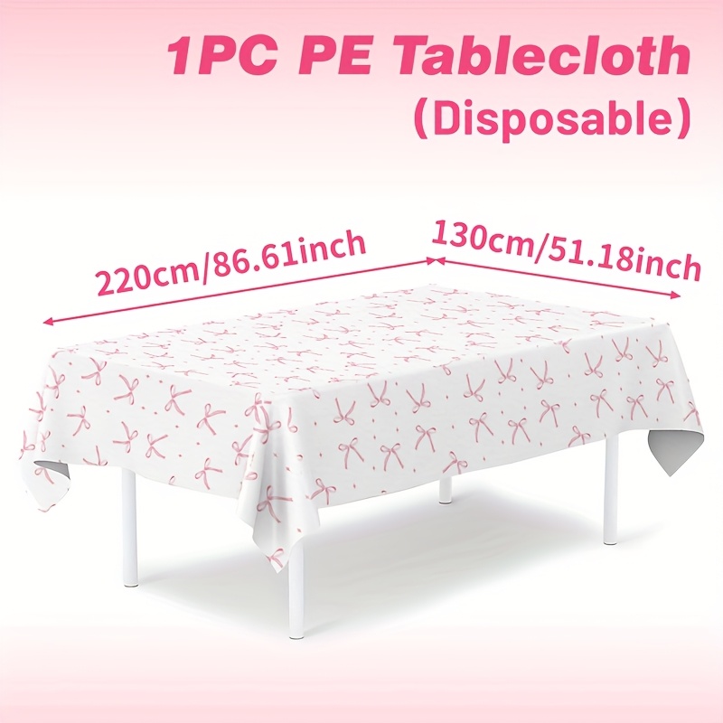 TEMU 1pc, Pink Bow Tablecloth, 220 X 130cm, Disposable Plastic Tablecover, Bow Theme Party Decoration, Wedding Bride Party Decoration, Baby Shower