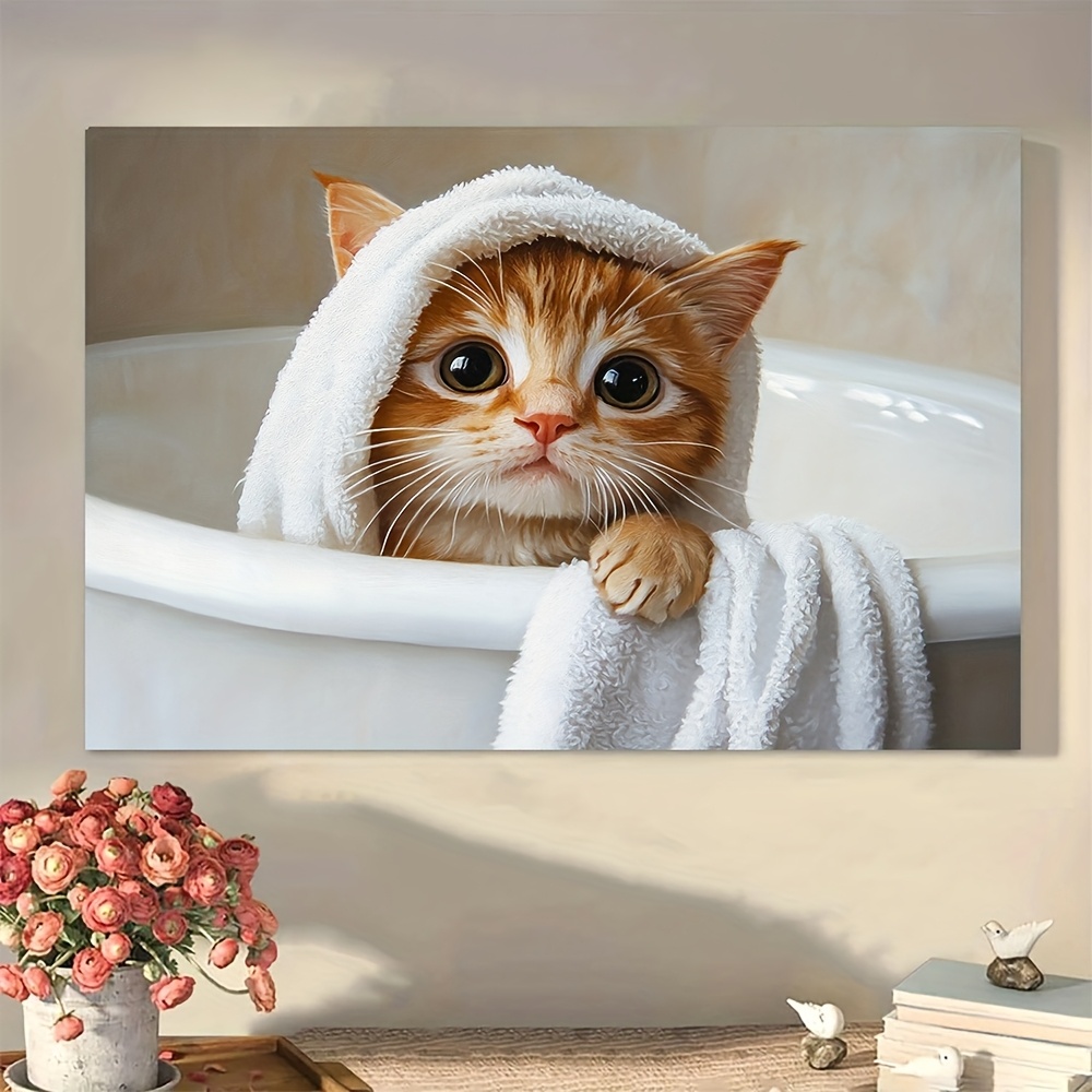 TEMU 2D , 1 Pieza, Pintura en con de Madera, Un Gato Tierno en con una Toalla Blanca, de Pared Enmarcado, Decoración para el Hogar, Regalo para Él o