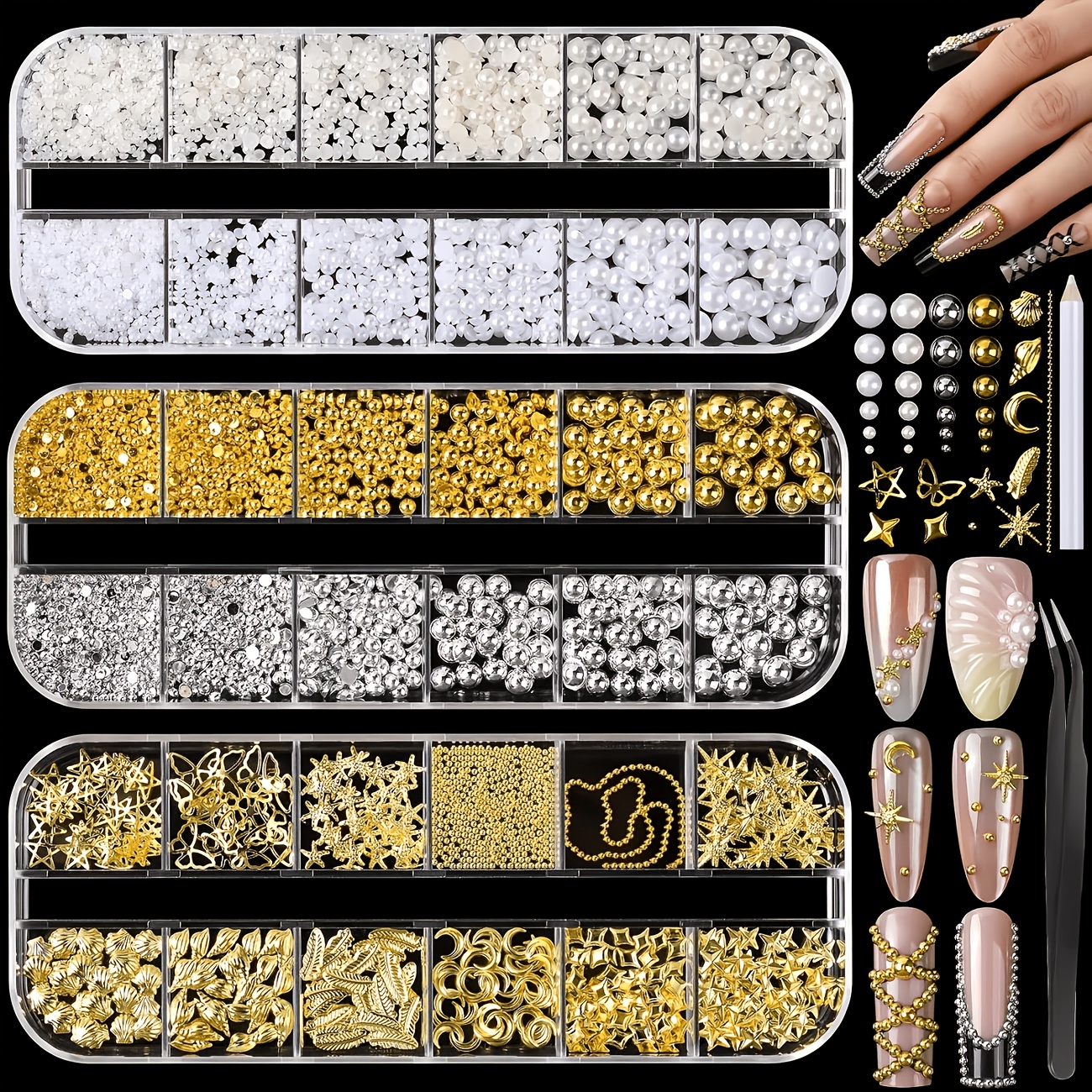 Gems, Nail Charms, Flatback White Beige, Half Round Silver And Charms, Mixed Sizes For Nails, Metal Nail Beads, 3d Metallic Nails Art Studs