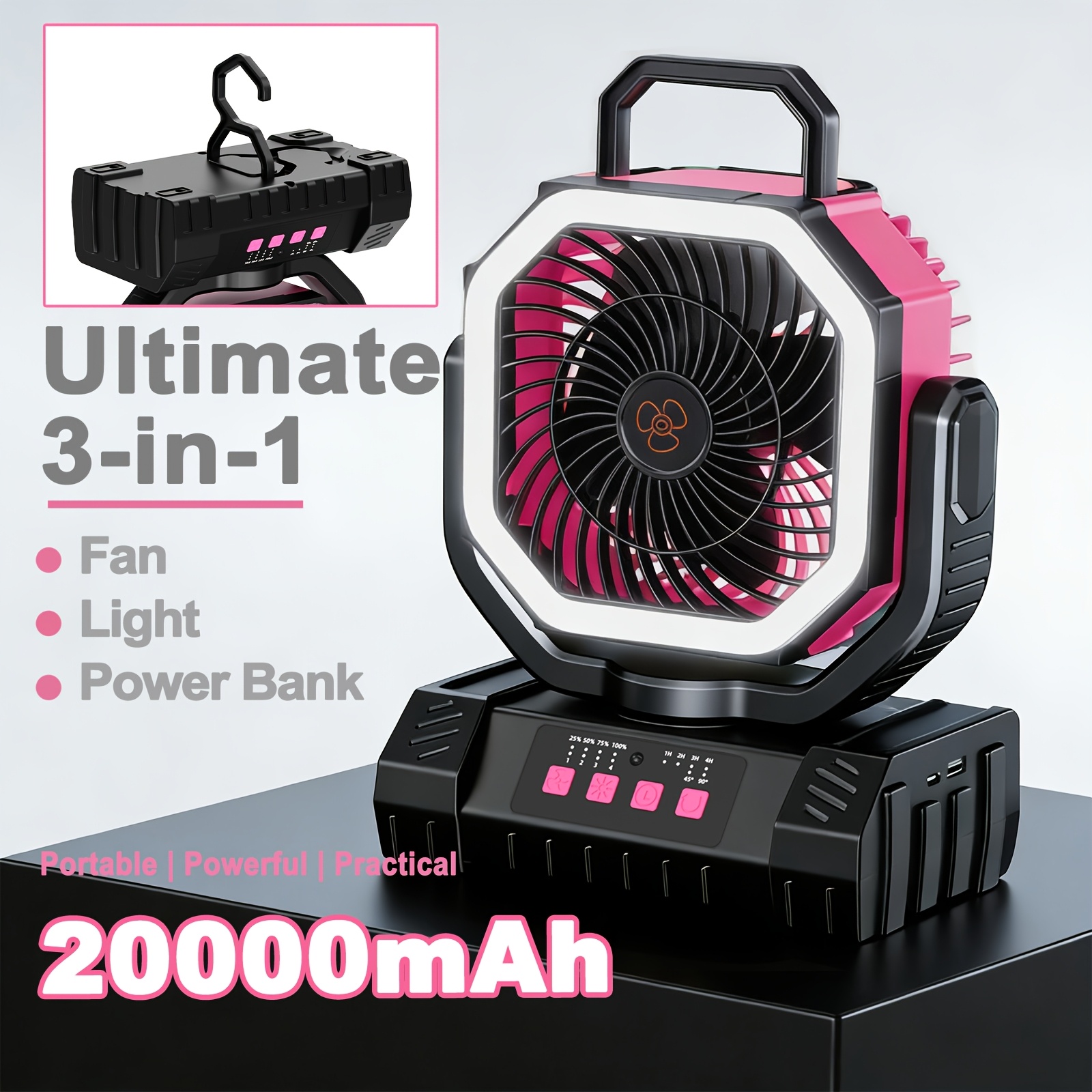 20000mah 3-in-1 Camping Fan Light Power Bank, 4-speed Adjustable Wind & Led Dimmable Light, Multi-angle Rotation, Long , Portable Cooling Lighting Charging Device For Tent Camping, Hiking